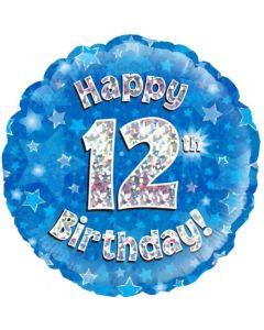 Blue Holographic Happy 12th Birthday 45cm Foil Balloon (210502A)
