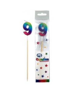 Rainbow Metallic Long Stick Candle number 9 (447359A)