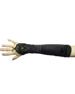 Long Black Fingerless Satin and Lace Gloves (MIC054B)